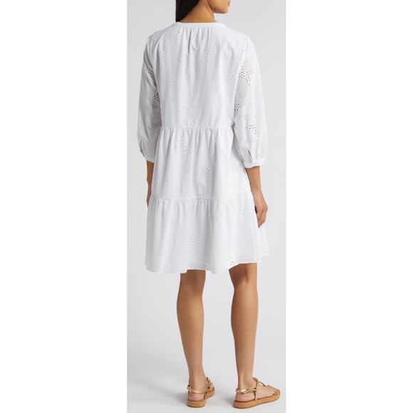 Caslon Eyelet Dress M Medium Long Sleeve Tiered Cotton White Nordstrom Boho Chic - Picture 2 of 10